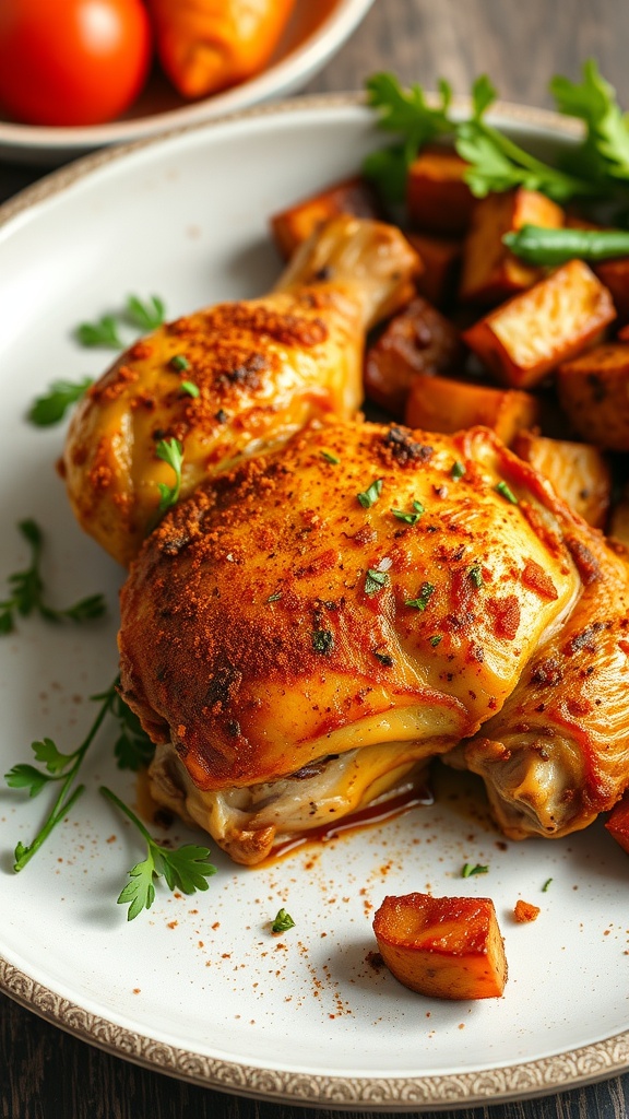 Plate of spicy paprika roasted chicken thighs with roasted potatoes and garnished with parsley.