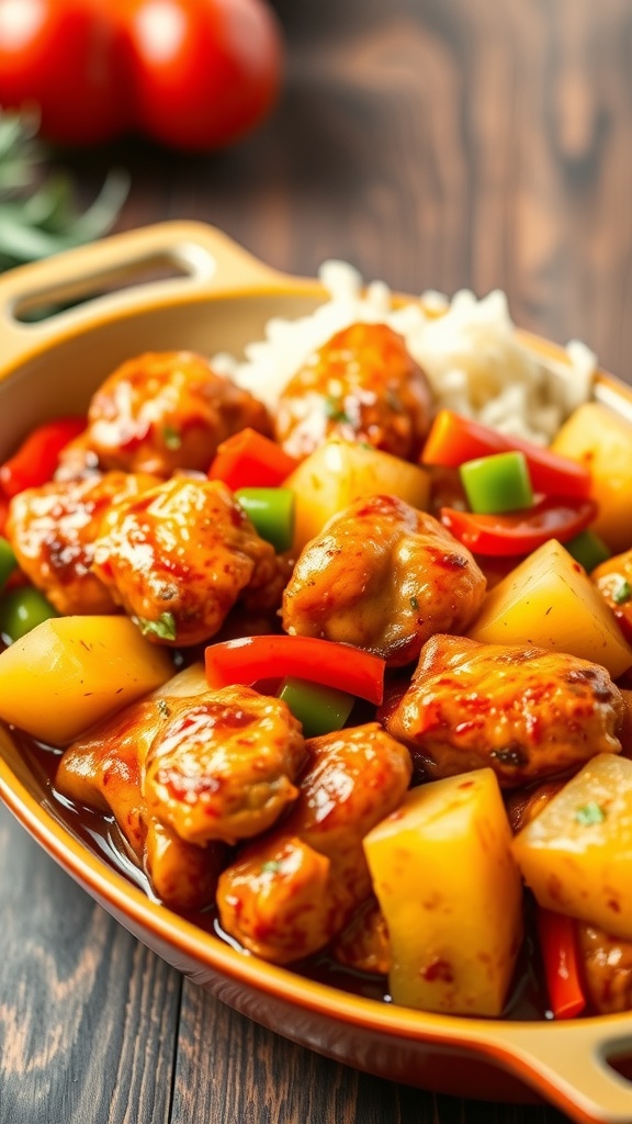 A delicious serving of sweet and sour chicken thighs with colorful peppers and pineapple in a bowl.
