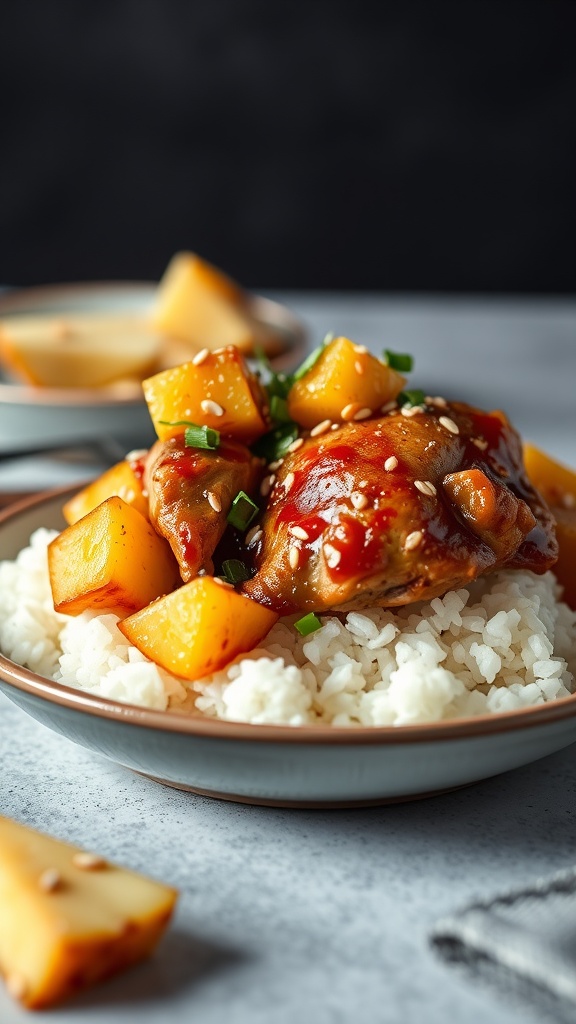 A plate of teriyaki chicken thighs with pineapple served over rice, garnished with green onions and sesame seeds.