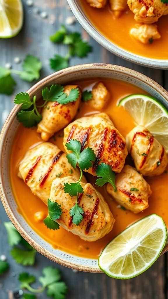 A bowl of Thai Coconut Curry Chicken Thighs served with rice, garnished with cilantro and lime.